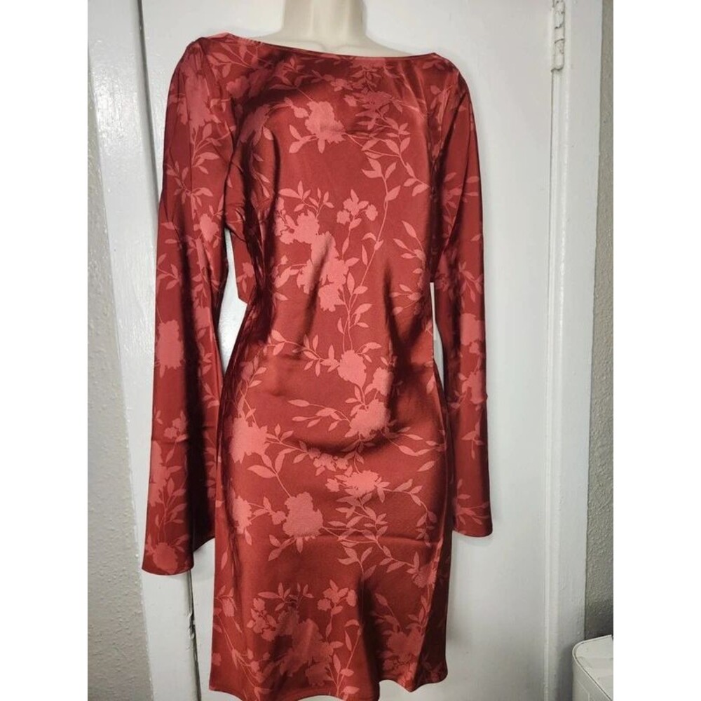 NWT A New Day Floral Satin Long Sleeve Dress Red/Terracotta - Size M